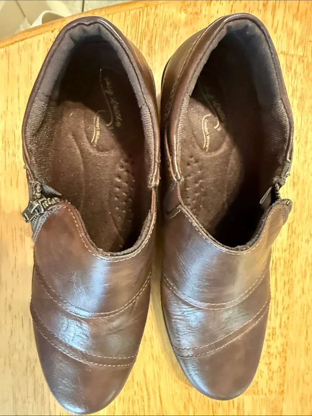 easy street Brown Leather Slip-On Loafers with Side Zip Accent